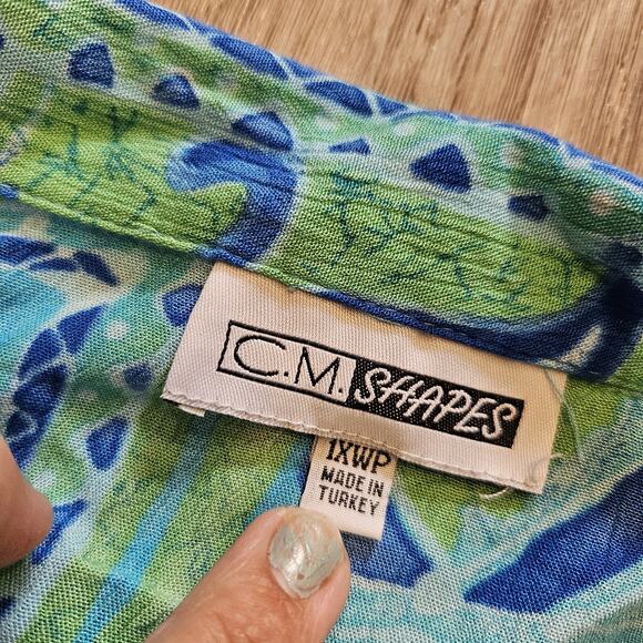 Vtg Geometric Floral Button Up Top Women 1XWP Blue Green Wearable Art Paisley - Picture 6 of 9